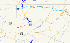 A map of far western Maryland showing major roads. Maryland Route 39 connects Oakland with West Virginia Route 7.