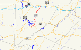 A map of far western Maryland showing major roads. Maryland Route 495 connects MD 135 with I-68 and US 40 Alt. in central Garrett County.