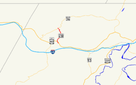 A map of northwestern Allegany County, Maryland showing major roads. Maryland Route 638 is the local road connecting Echhart Mines and Mount Savage.