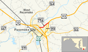 A map of Pocomoke City showing major roads. Maryland Route 756 is an old alignment of US 113.
