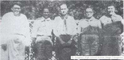 From left to right - Brother Peter C.S.C., Headmaster St. Gregory; Nicholas Rozario, Deputy Camp Chief (East Pakistan); J. S. Wilson, Director of International Bureau; Squadron Leader H.V. Bhatty, Scout Provincial Secretary and A.R. Sardar Hussain, Scout Camp Chief for Pakistan