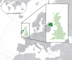 Location of Northern Ireland (dark green)– in Europe (green & dark grey)– in the United Kingdom (green)