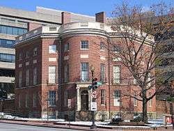 Photograph of the Octagon House on a sunny winter day, with more modern buildings behind.