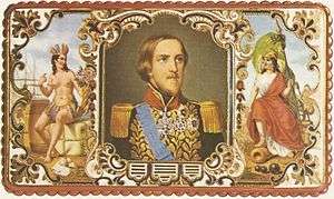 A colored lithographic triptych with, in the center, a young, light-haired bearded man wearing a military-style tunic in the center panel; in the left panel, a bare-breasted Indian maiden sitting on a wharf with bales and casks; and in the right panel a woman dressed in classical Roman garb, standing on a disabled cannon and clutching a spear on which flies a green flag