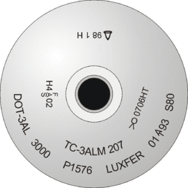 Diagram of a cylinder shoulder with stamp marking: TC3ALM 207 DOT-3AL 3000 P1576 LUXFER 01(testing authority stamp)93 S80 and date stamps for 3 hydrostatic tests