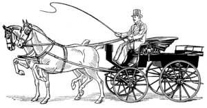 Drawing of a man holding a whip, sitting on top of an open carriage pulled by two horses.