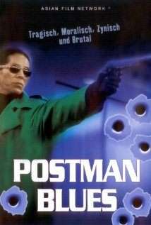A man is holding a pistol in his left hand and 6 gunshots are seen in the forefront with the words Postman Blues in white color in front of the man