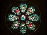Detail of the Marian rose window in the choir loft. This window is above the main front doors.