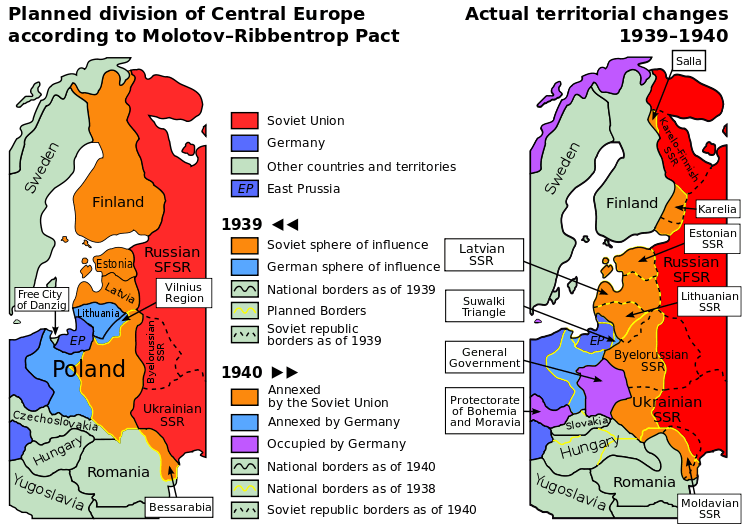 Map showing the planned and actual divisions of Poland according to the Molotov–Ribbentrop Pact.