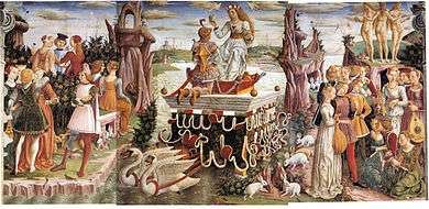 Fresco. At the centre of a surreal landscape, the richly dressed goddess is drawn down a stream on an ornate contraption pulled by swans. Young women are grouped to the right and young men to the left of the scene. In the foreground are white rabbits.