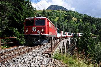Glacier Express with Ge 4/4 I no 601 on the Schmittentobel Viaduct.