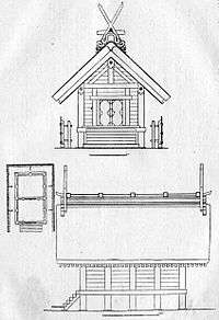 Front and side view and plan of a building with two rooms, forked roof finials, a door on the gable end to which a small stair leads and a fence which surrounds the building on three sides.