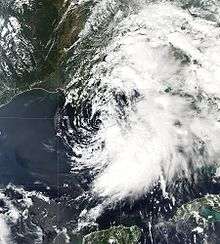 Satellite image of Tropical Storm Hanna. Most of the clouds are organized to the east of the center, which is located south of Louisiana.