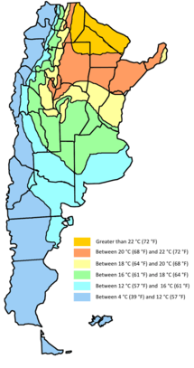 Map showing mean temperatures in Argentina. Mean annual temperatures range from more than 22 °C (71.6 °F) in the center north to between 4 °C (39.2 °F) in the south and extreme western parts of the country. Temperatures generally decrease southwards and westwards owing to a higher latitude and altitude.