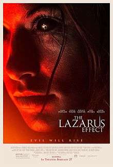 The right side of a woman's face with full black eyeballs with scarring all around that same eye. The words "The Lazarus Effect" are at the bottom right in white, 5 cast members names above the title, and the tagline "Evil Will Rise" at the bottom middle.