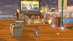 Bart, in his Bartman guise prepares to fire a catapult at an oncoming dolphin. Lisa runs in the background to join in the attack.