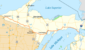 US 2 runs through the southern part of Michigan's Upper Peninsula parallel to the Wisconsin state line and the Lake Michigan shoreline