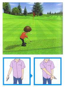 Composite of three separate images, with a larger one above two smaller ones. The larger image is a video game screenshot that is a digital representation of a golf course. A red player character stands on the green grass while holding a putter. Trees and a flagstick can be seen in the distance. The first smaller image in the lower left corner depicts a person in a light-purple shirt and blue jeans pulling their right arm away from their body. A small blue arrow points to the second smaller image in the lower right corner. It depicts the same person swinging their right arm in front of their body.