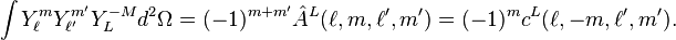 \int Y_\ell^m Y_{\ell'}^{m'} Y_{L}^{-M} d^2\Omega = (-1)^{m+m'}\hat{A}^{L}(\ell,m,\ell',m') = (-1)^{m}c^L(\ell,-m,\ell',m').