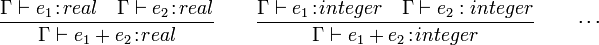 \frac{\Gamma \vdash e_1\!:\!real \quad \Gamma \vdash e_2\!:\!real}{\Gamma \vdash e_1+e_2\!:\!real}
\qquad \frac{\Gamma \vdash e_1\!:\!integer \quad \Gamma \vdash e_2 : integer}{\Gamma \vdash e_1+e_2\!:\!integer} \qquad \cdots