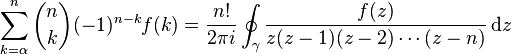 \sum_{k=\alpha}^n {n \choose k} (-1)^{n-k} f(k) =
\frac{n!}{2\pi i}
\oint_\gamma \frac{f(z)}{z(z-1)(z-2)\cdots(z-n)}\, \mathrm{d}z