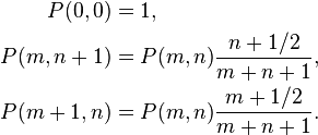 \begin{align}
P(0, 0) &= 1, \\
P(m, n+1) &= P(m,n)\dfrac{n + 1/2}{m + n + 1}, \\
P(m+1, n) &= P(m,n)\dfrac{m + 1/2}{m + n + 1}.
\end{align}