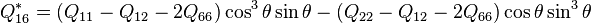 Q^*_{16} = (Q_{11} - Q_{12} - 2 Q_{66})\cos^3\theta \sin \theta - (Q_{22}-Q_{12}-2Q_{66})\cos \theta \sin^3 \theta