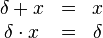 \begin{matrix}
\delta + x &=& x\\
\delta \cdot x &=& \delta
\end{matrix}