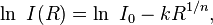 \ln\ I(R) = \ln\ I_{0} - k R^{1/n} ,