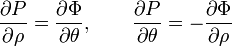 \frac{\partial P}{\partial \rho} = \frac{\partial \Phi}{\partial \theta},\ \ \ \ \ \ \frac{\partial P}{\partial \theta} = -\frac{\partial \Phi}{\partial \rho}