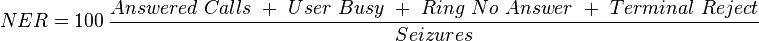 NER = 100 \ \frac {Answered\ Calls \ + \ User\ Busy \ + \ Ring\ No\ Answer \ + \ Terminal\ Reject }{Seizures}