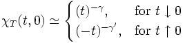 \chi_T(t,0) \simeq \begin{cases}
(t)^{-\gamma}, & \textrm{for} \ t \downarrow 0 \\
(-t)^{-\gamma'}, & \textrm{for} \ t \uparrow 0 \end{cases}