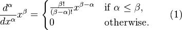 \frac{d^\alpha}{dx^\alpha} x^\beta = \begin{cases} \frac{\beta!}{(\beta-\alpha)!} x^{\beta-\alpha} & \hbox{if}\,\, \alpha\le\beta, \\ 0 & \hbox{otherwise.} \end{cases}\qquad(1)